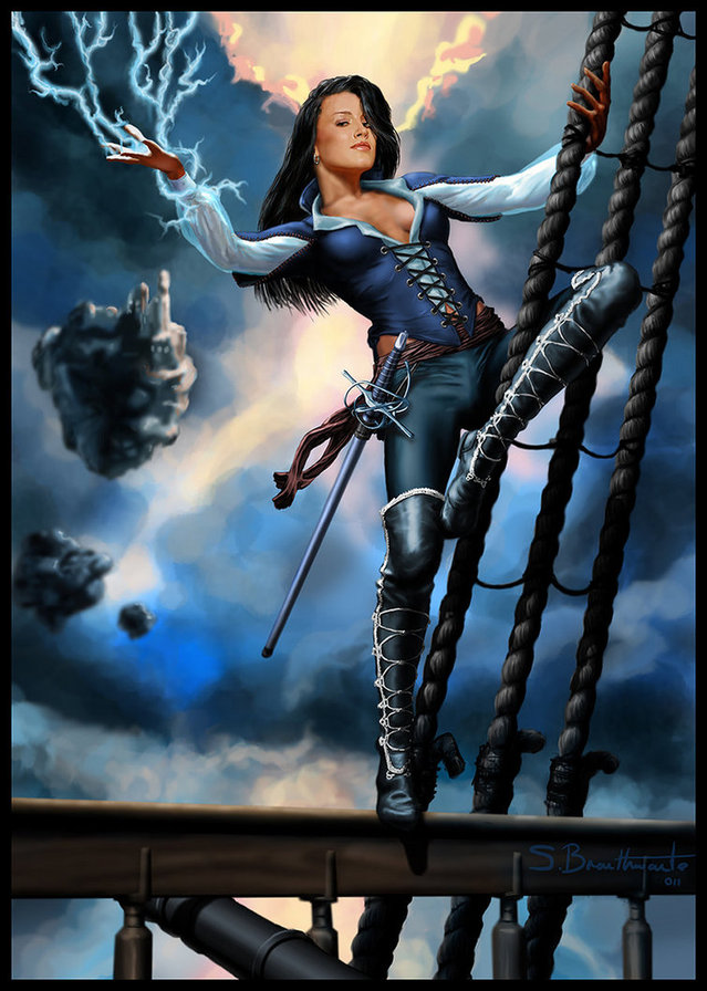 девушка - пиратка, молния, образ, пират, море, фентези, женщина - оригинал