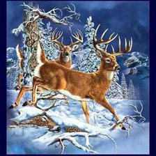 бегущие олени в зимнем лесу