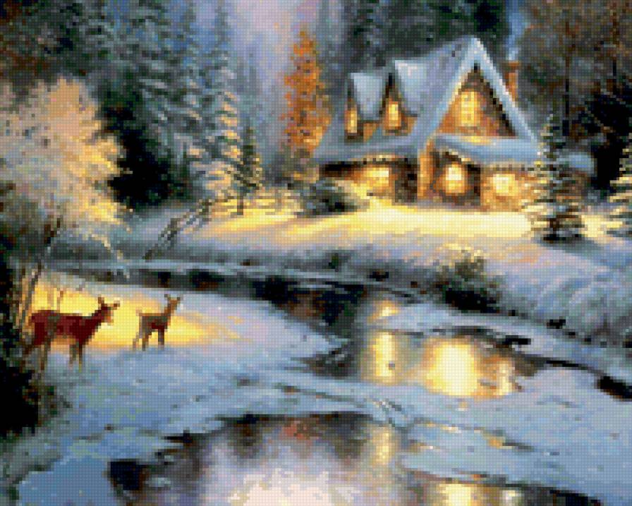 речка, зима, олени, домик - фентези - предпросмотр