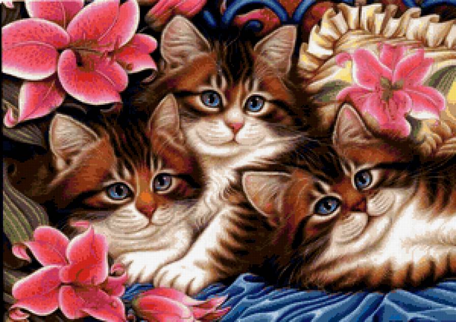 милые малыши - кошка, лилии, кошки, розовые цветы, котята, кот, домашние животные - предпросмотр