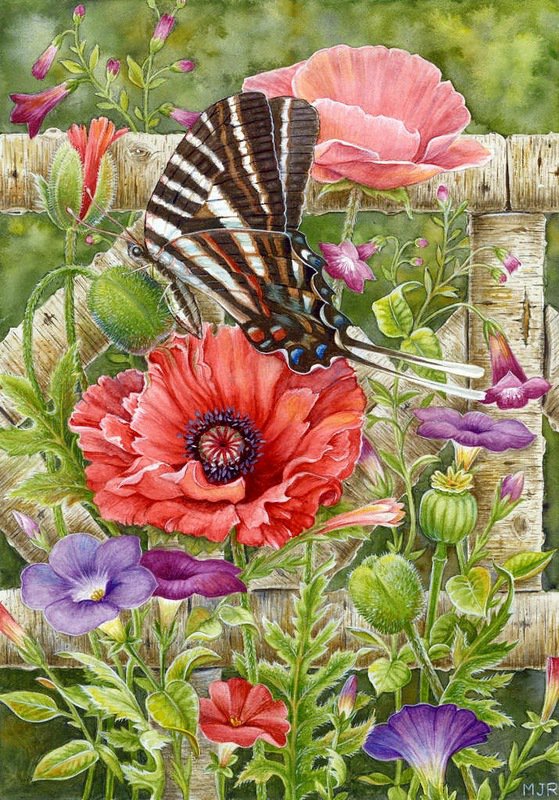 натюрморт - первоцвет, цветы, бабочки, маки, букет - оригинал