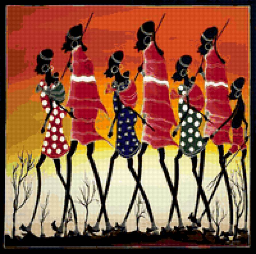 Африканский мотив - африка, африканцы с копьями, этника, люди идут, войны - предпросмотр