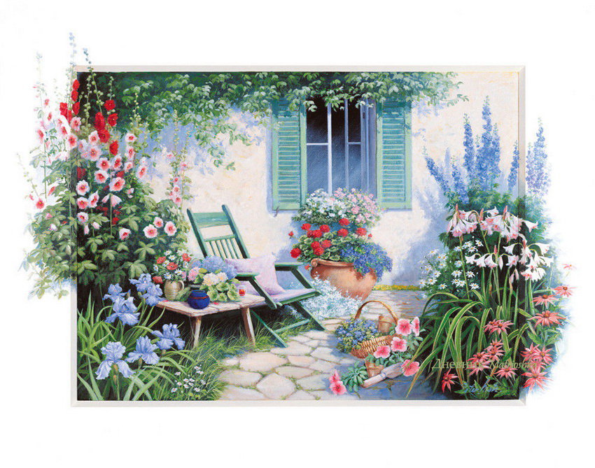 летний пейзаж - лето, дом, цветы - оригинал