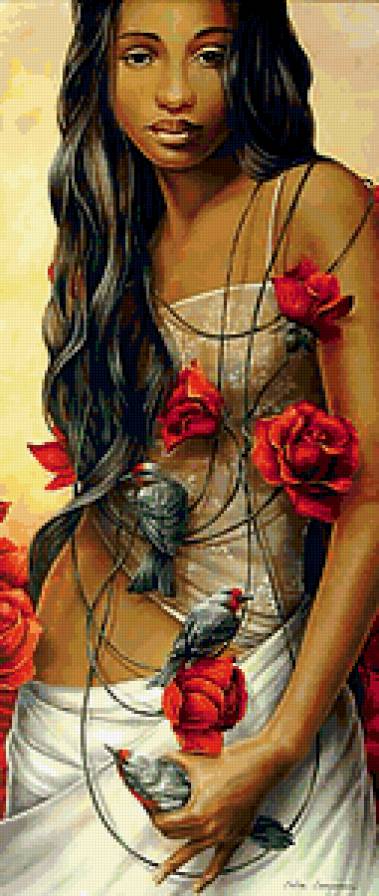 Темнокожая девушка - девушка, цветы, птички - предпросмотр