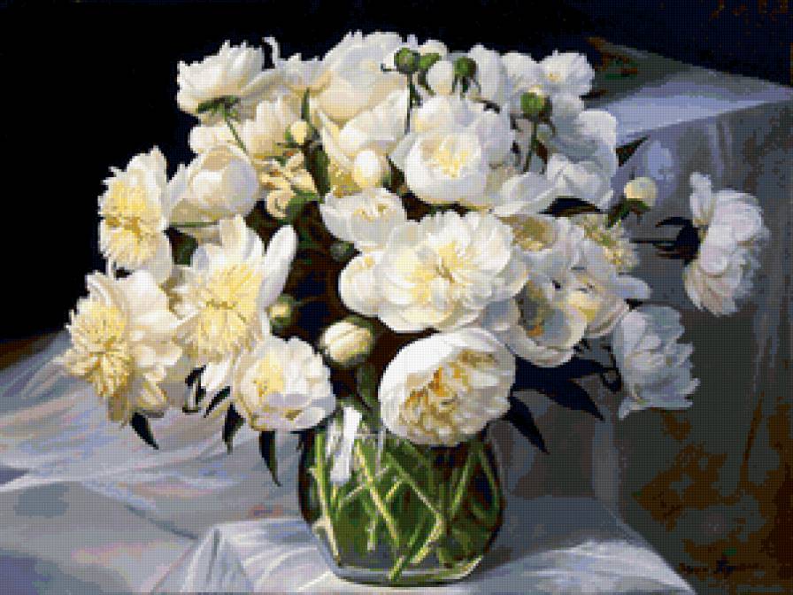 Белые пионы - картина, цветы, букет - предпросмотр