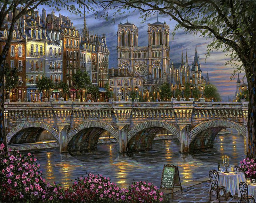 вечерний город - дома, река, вода, цветы, мост - оригинал