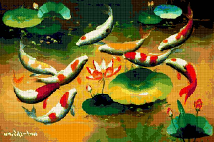 9 карпов - карпы, достаток, фен-шуй, лотос, богатство, карп, благополучие - предпросмотр