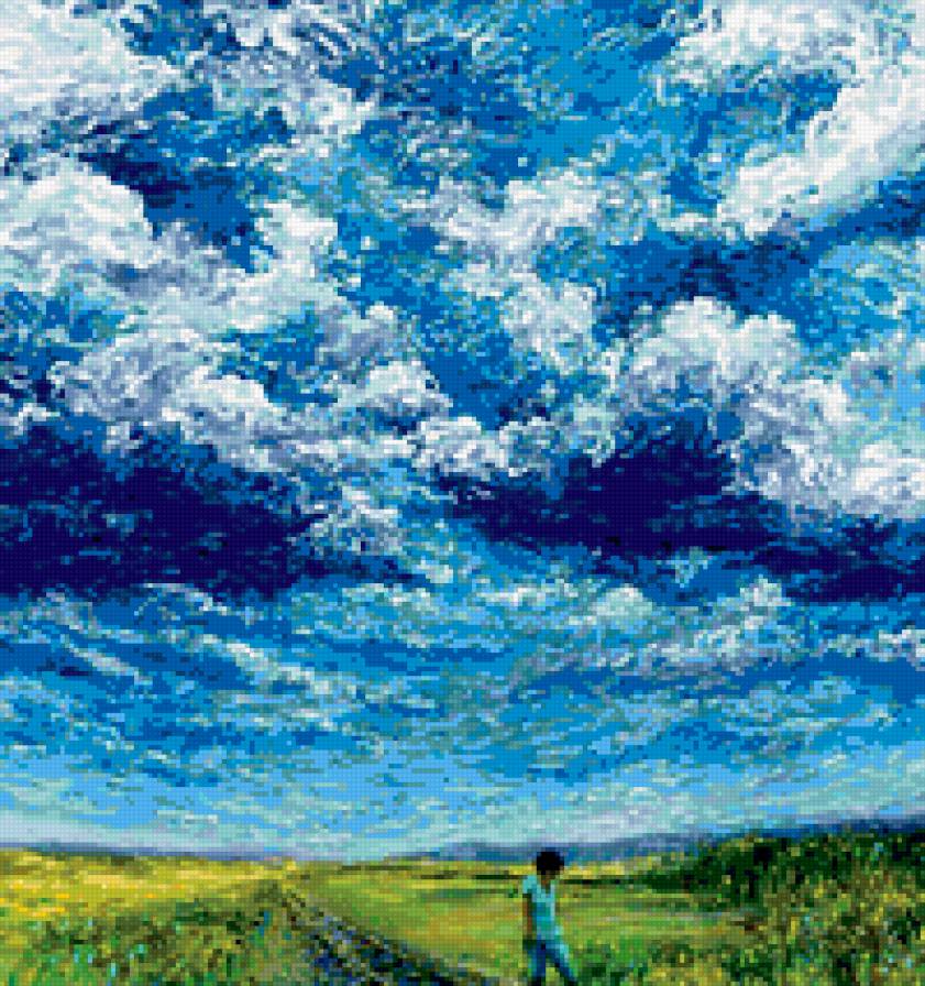 iris scott - поле, iris scott, импрессионизм, картина, небо, пейзаж, облака - предпросмотр