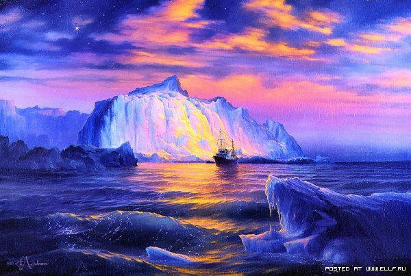 Айсберг на закате - севернее море, корабль, закат, айсберг - оригинал