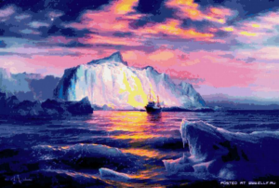 Айсберг на закате - закат, корабль, айсберг, севернее море - предпросмотр