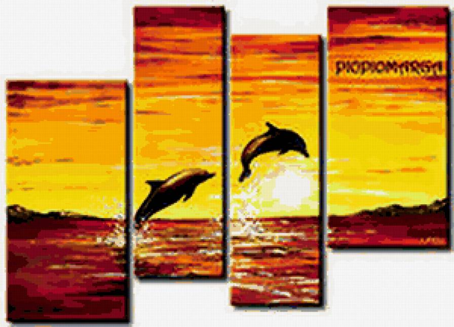 Триптих - дельфины, вода, море, закат - предпросмотр