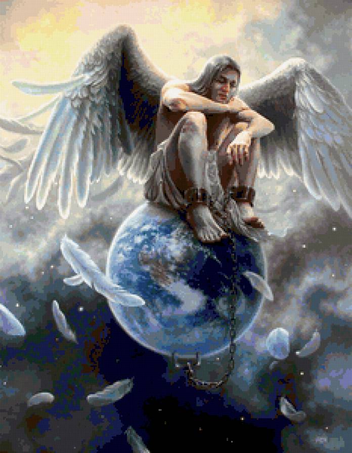 Земной Ангел - картина, ангел, земля, фентези, рисунок, тучи - предпросмотр