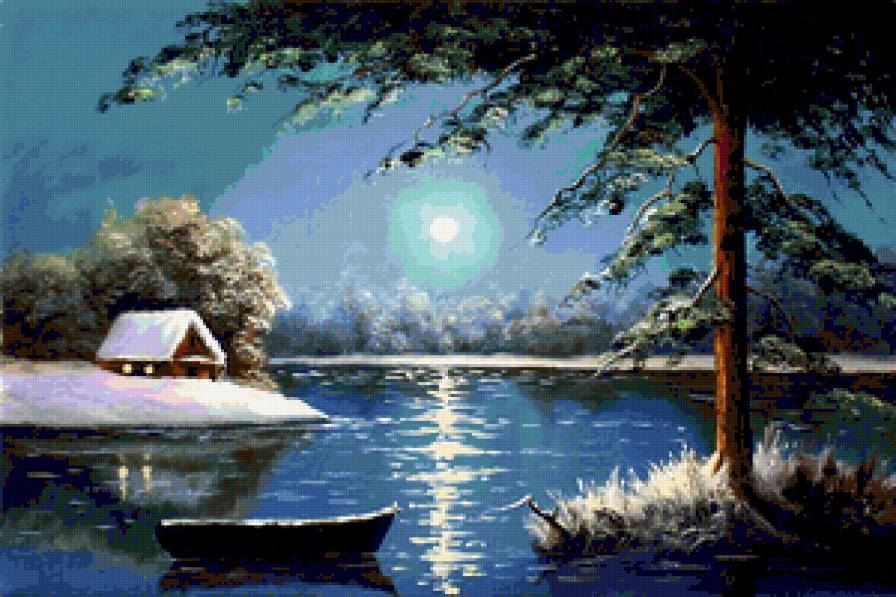 пейзаж - зима, ночь, пейзаж, деревня, природа - предпросмотр