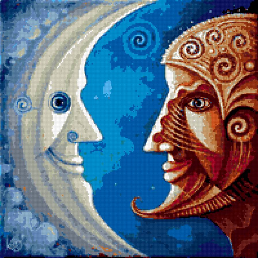 Серия: Яркая подушка. Лунный лик. - месяц, человек, подушка, луна, абстракция, лицо - предпросмотр