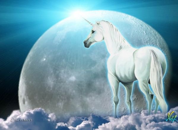 Единорог - лошади, животные, луна, единороги, пейзаж - оригинал