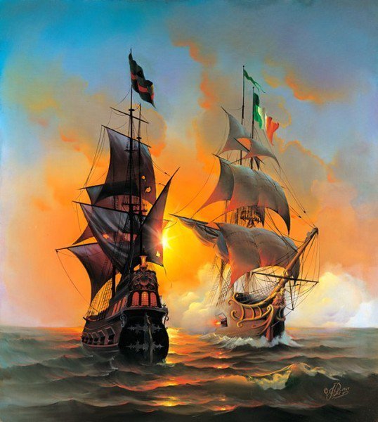 Закат на море - корабель, картина, закат, море - оригинал