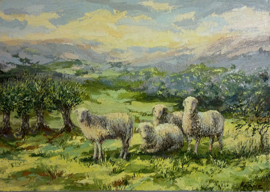 Пейзаж с овцами - животные, природа, сельской пейзаж, овцы - оригинал
