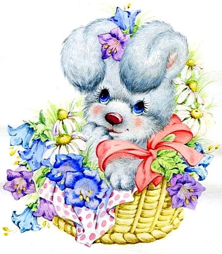Зайчонок в корзинке - зверушка, зайчик, корзинка, цветы - оригинал