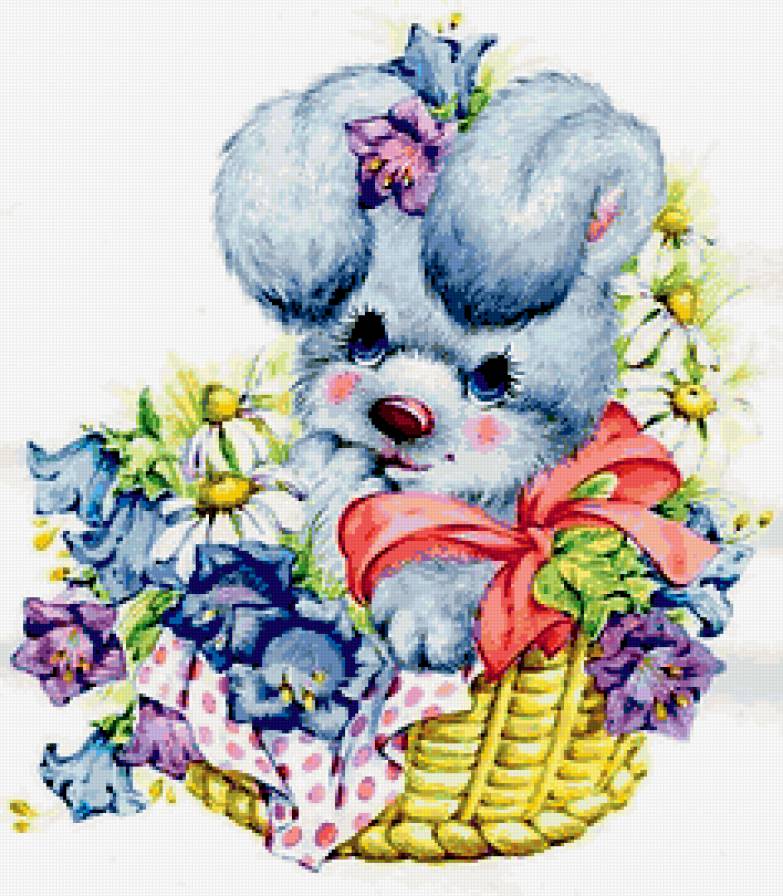 Зайчонок в корзинке - зверушка, корзинка, зайчик, цветы - предпросмотр