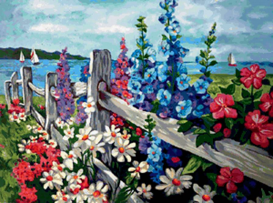 летний пейзаж - река, цветы, лето, вода, природа - предпросмотр