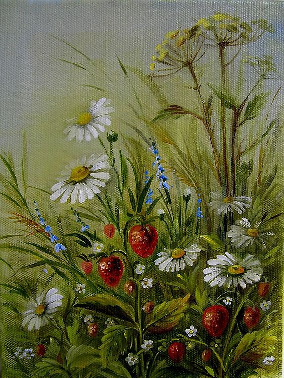 луг - земляника, солнечный день, цветы, ягоды, ромашки, лес, природа - оригинал