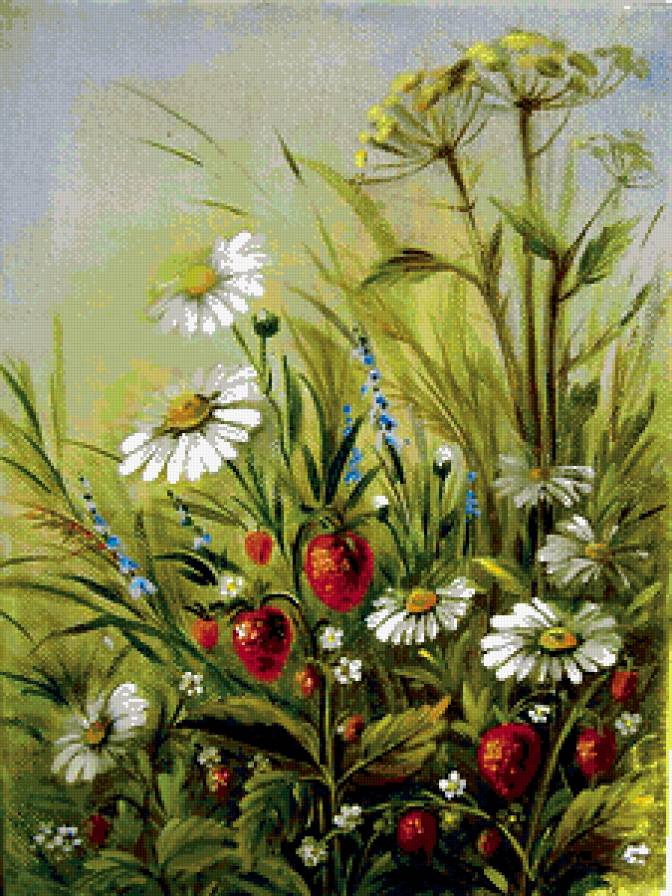 луг - земляника, цветы, ромашки, природа, лес, ягоды, солнечный день - предпросмотр