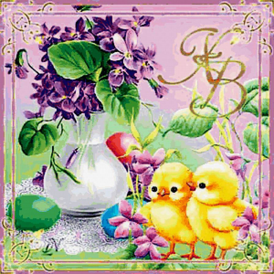 Пасхальная подушка - подушка, пасха, цыплята, фиалки - предпросмотр