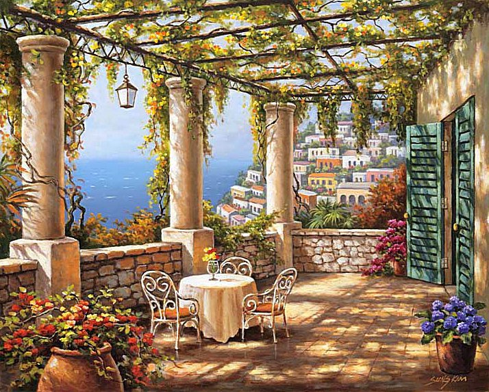 Вид на море - терраса, море, полдень, столик, лето - оригинал