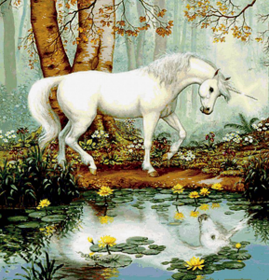 Диптих  "Белоснежка" - кони, отражение, времена года, лошади, озеро, природа - предпросмотр