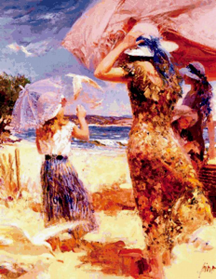 на море - море, люди, пейзаж, картина - предпросмотр