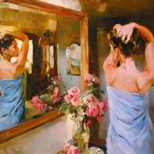 Оригинал схемы вышивки «девушка у зеркала» (№311531)
