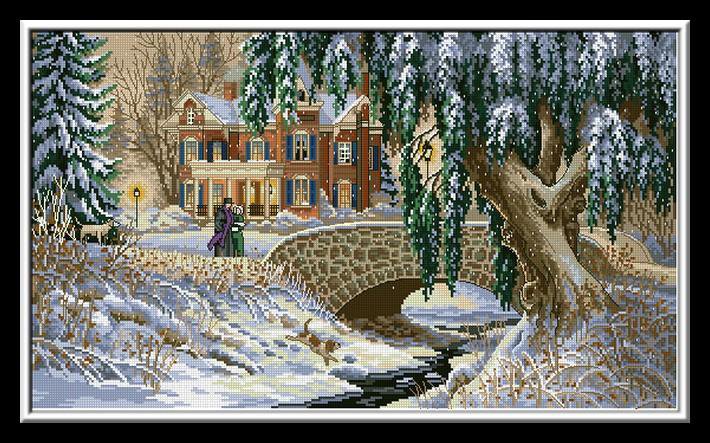 пейзаж - дом, люди, зима - оригинал