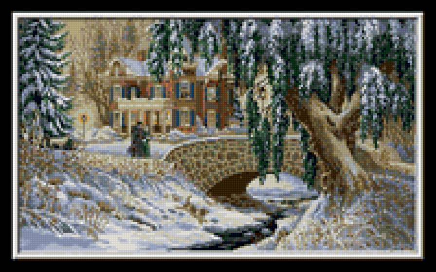 пейзаж - дом, люди, зима - предпросмотр