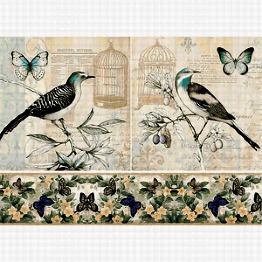 №311866 - птицы, ветки, орнамент, цветы, бабочки, диптих - предпросмотр