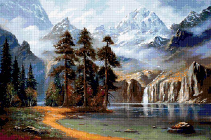 Горный пейзаж - сосны, природа, горы, пейзаж, лес, красота природы, река - предпросмотр