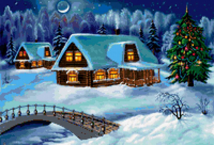 рождество - зима, домик, елка - предпросмотр