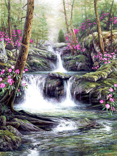 летний пейзаж - водопад, пейзаж, деревья, лето, вода, цветы - оригинал