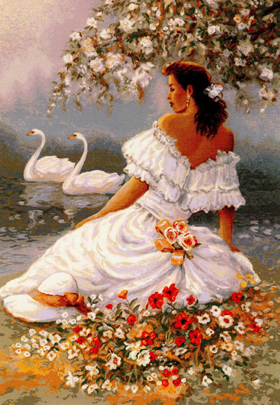 Девушка в белом платье - платье, лебеди, девушка, вода - оригинал
