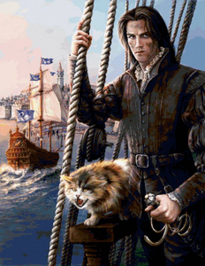 мужской образ - кот, море, корабль, капитан - предпросмотр