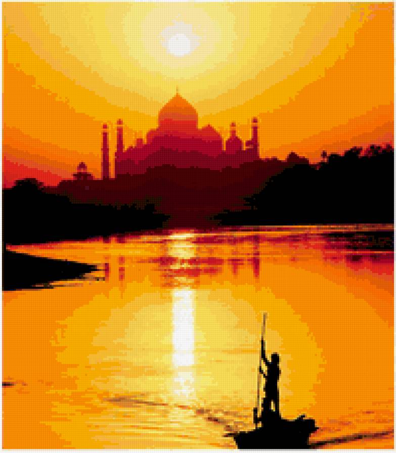 Мечеть на закате - лодка, река, закат, мечеть - предпросмотр