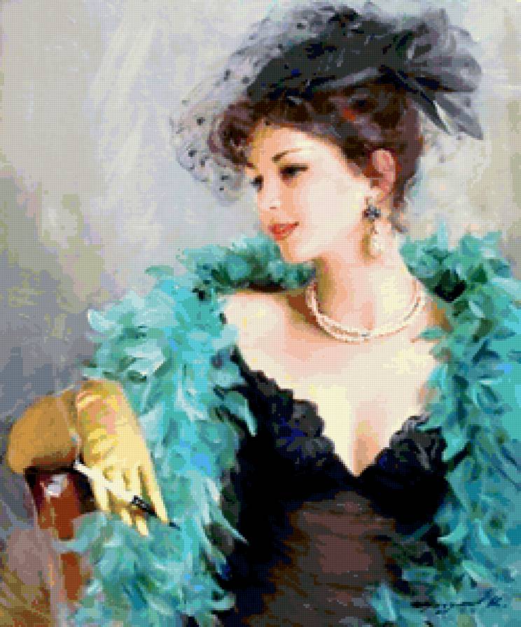 мадам с шарфом из  перьев - женщины - предпросмотр