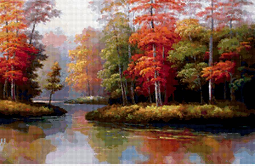 осенний лес у воды - природа., вода, лес - предпросмотр