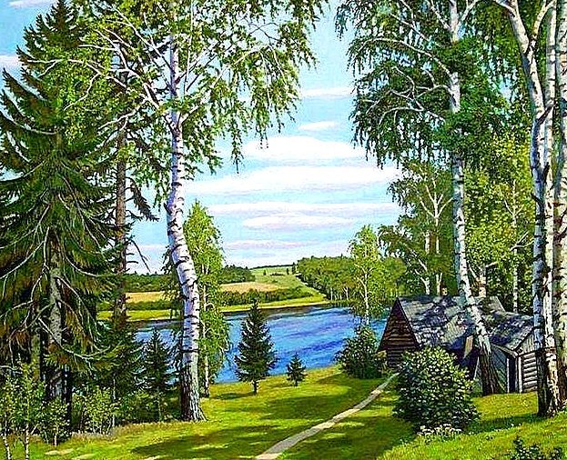 Родная сторона - пейзаж, россия, картина, березки, домик, река - оригинал