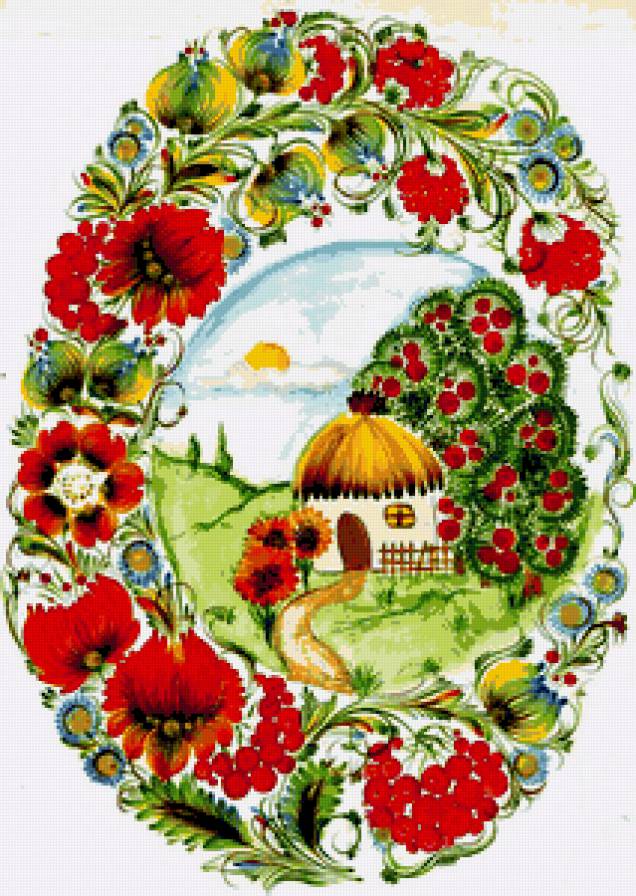 Рябиновый пейзаж - солнышко, васильки, цветы, маки, природа, хата, рябина, пейзаж - предпросмотр