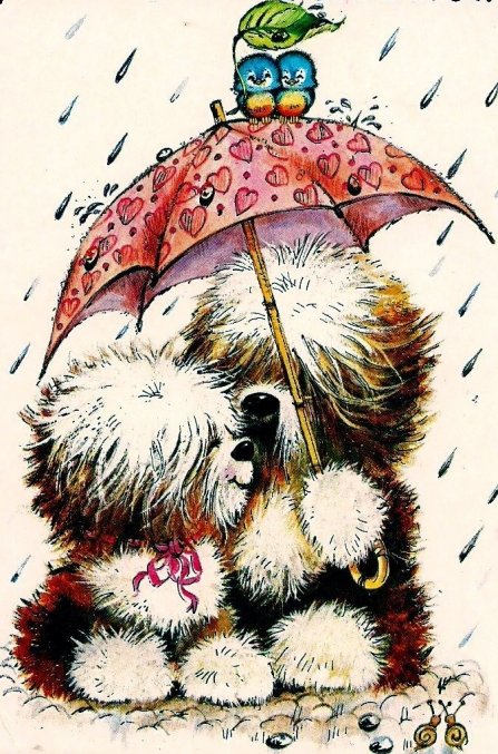 Щенки под зонтиком - зонтик, дождик, птички, собаки, щенки, детская картина, улитки - оригинал