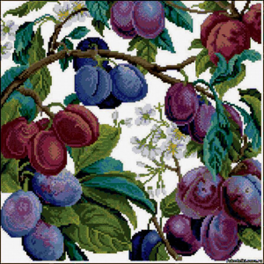 Идея для подушки - цветы, сливы, сад, дерево, фрукты - предпросмотр