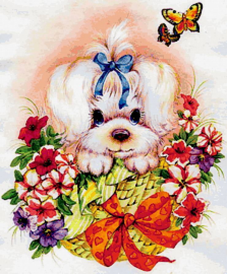 Очаровашка - корзинка, щенок, цветы, собачка - предпросмотр