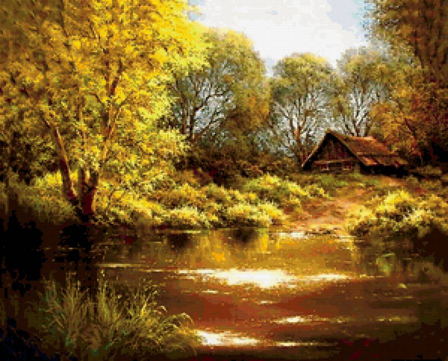 Осень - домик, пейзаж, осень, озеро - предпросмотр