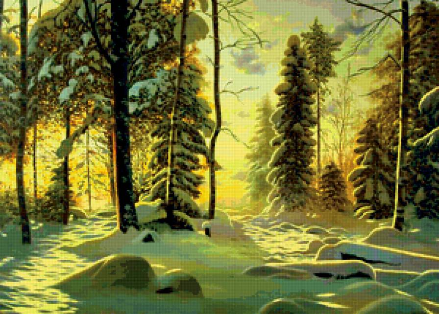 Вечернее солнце - природа, лес, снег, зима, пейзаж, картина - предпросмотр