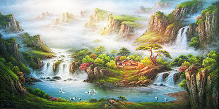 остров среди водопадов - лес, природа, остров, горы, водопад - оригинал